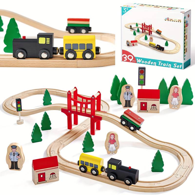 Holzeisenbahn-Set, 39-teilig, Mit Ganzholz-Eisenbahnschienen